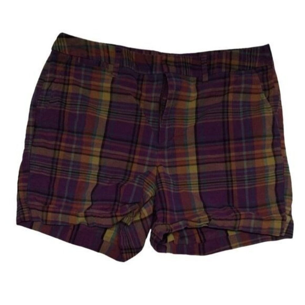 A New Day Womens Purple Plaid Chino Shorts Size 8 Madras Stretch Mid Rise